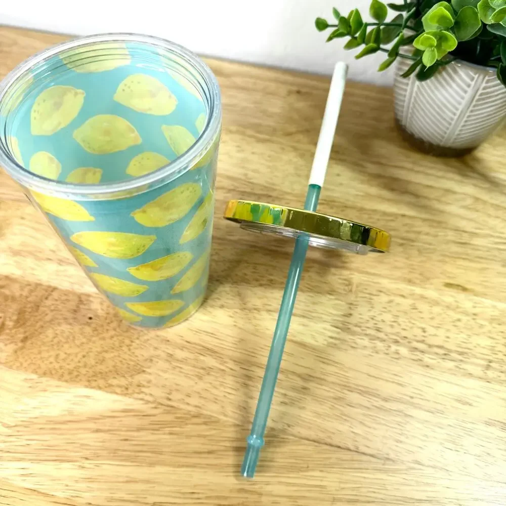 Lemon Mug Cup Glass Tumbler w/ Lid & Straw Water Coffee Soda School Office NEW